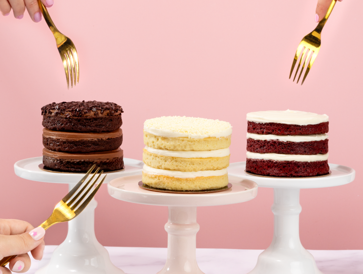 personal layer cakes, dark chocolate, vanilla, and red velvet