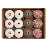 Assorted Dozen National Shipping Box includes a dozen best-sellers – Red Velvet, Vanilla, Dark Chocolate, and Sprinkle.
