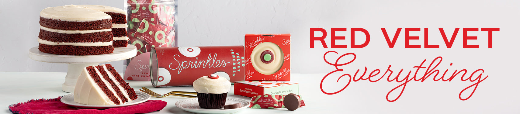 sprinkles red velvet collection with red velvet layer cake, red velvet cupcake, red velvet mini chocolates, red velvet cupcake mix and red velvet chocolate bar
