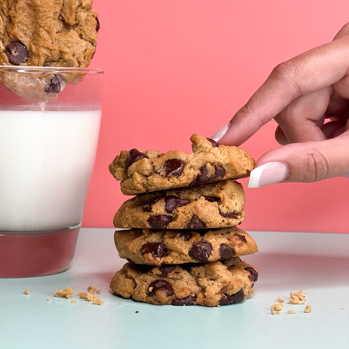 stack of four mini chocolate chip cookies. not-bg