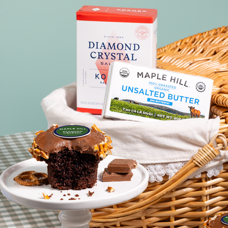 chocolate pretzel cupcake with maple hill butter and diamond crystal salt in the background
