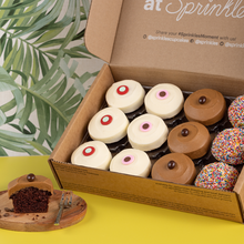 Load image into Gallery viewer, Cuban Coffee Assorted cupcake dozen box with 3 red velvet, 3 vanilla, 3 cuban coffee, and 3 sprinkle cupcakes. 

