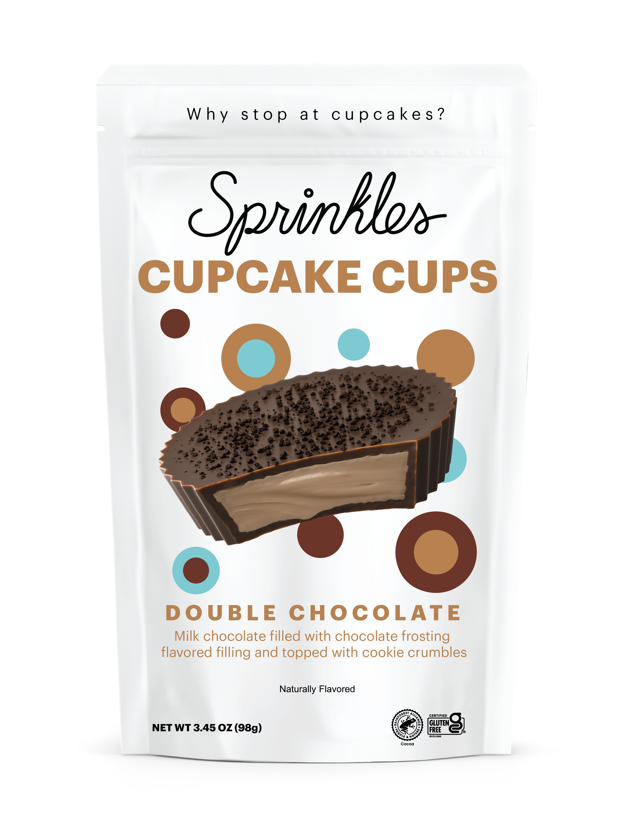 double chocolate cupcake cups milk chocolate filled with chocolate frosting flavored filling and topped with cookie crumbles not-bg