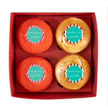 Load image into Gallery viewer, top view of patchology 4 box with 2 candy apple and 2 s&#39;more cupcakes, topped with patchology decoration. not-bg
