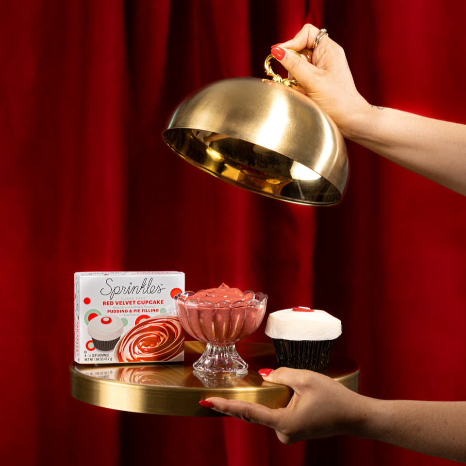 beauty picture of red velvet pudding with box and inspired cupcake.
