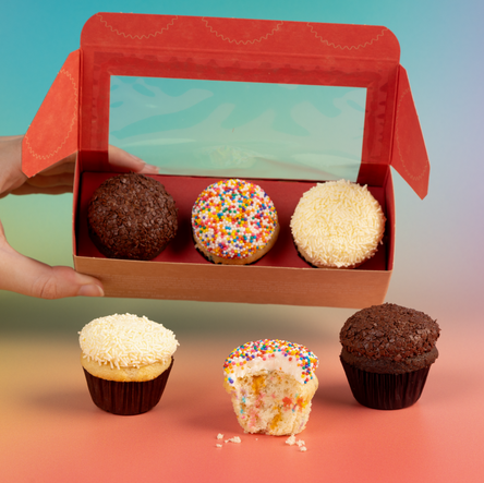 three mini cupcakes inside a box and three mini cupcakes out of the box not-bg