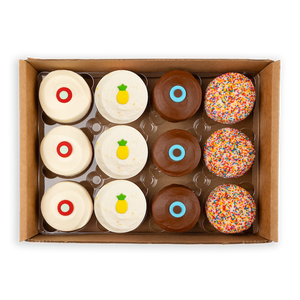 overview of pineapple upside down assorted dozen, with 3 red velvet, 3 pineapple upside down, 3 dark chocolate, and 3 sprinkle cupcakes not-bg
