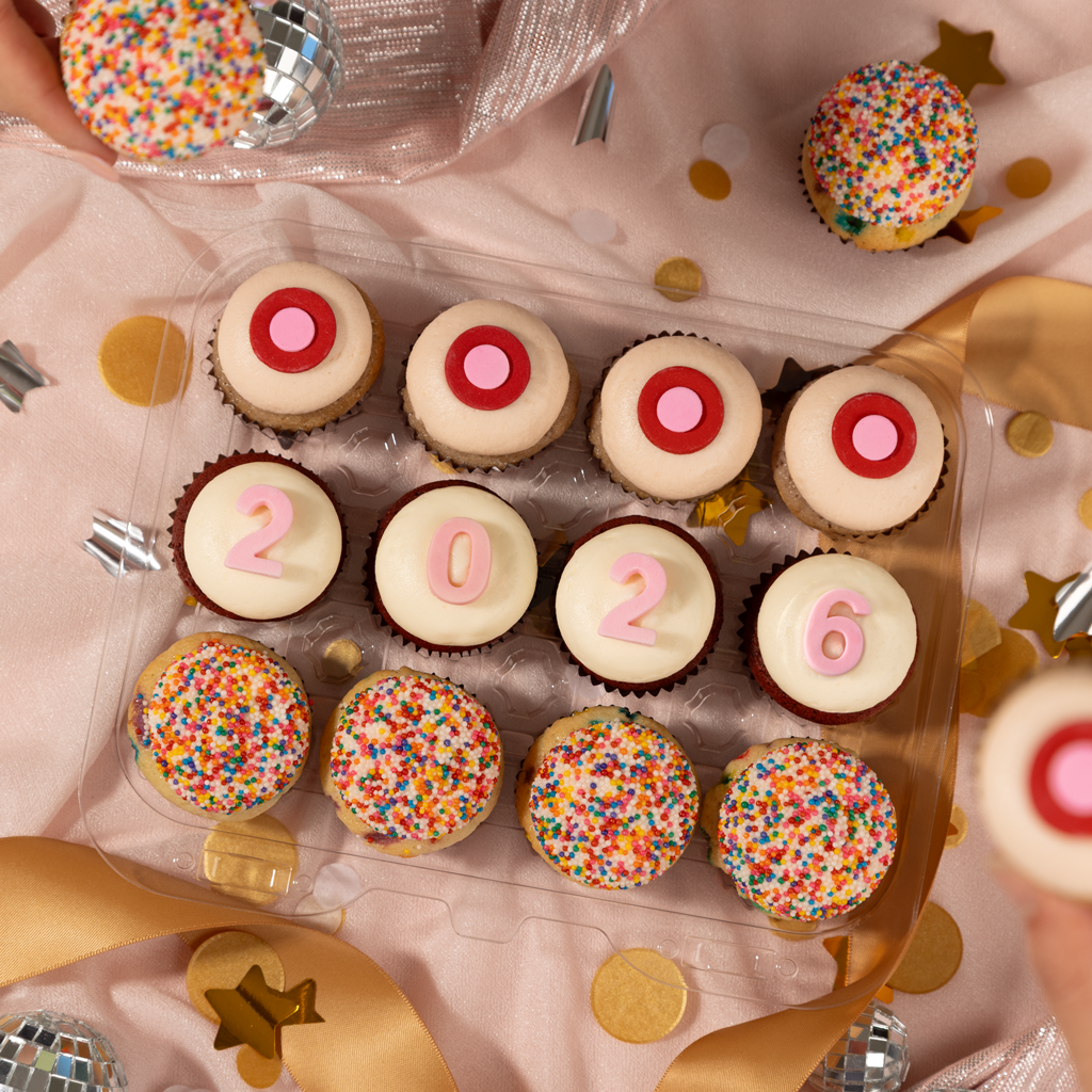 4 strawberry, 4 red velvet, and 4 sprinkle mini cupcakes to celebrate the new year!