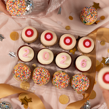 Load image into Gallery viewer, 4 strawberry, 4 red velvet, and 4 sprinkle mini cupcakes to celebrate the new year!
