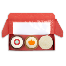 Load image into Gallery viewer, 3 mini cupcakes: 1 red velvet, 1 pumpkin, and 1 vanilla mini cupcake not-bg
