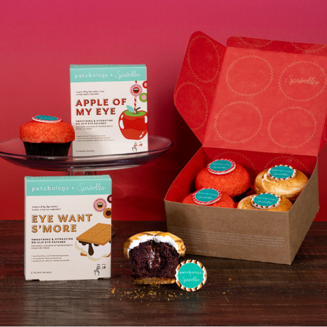 Patchology 4 box: includes 2 candy apple cupcakes and 2 s'more cupcakes, both inspired by patchology's new under eye patches. Apple of my eye and eye want s'more.