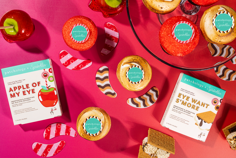 Overview of patchology x sprinkles collaboration, with Apple of my Ye and Eye want S'more patches, as well as Sprinkles Candy Apple and S'more cupcakes