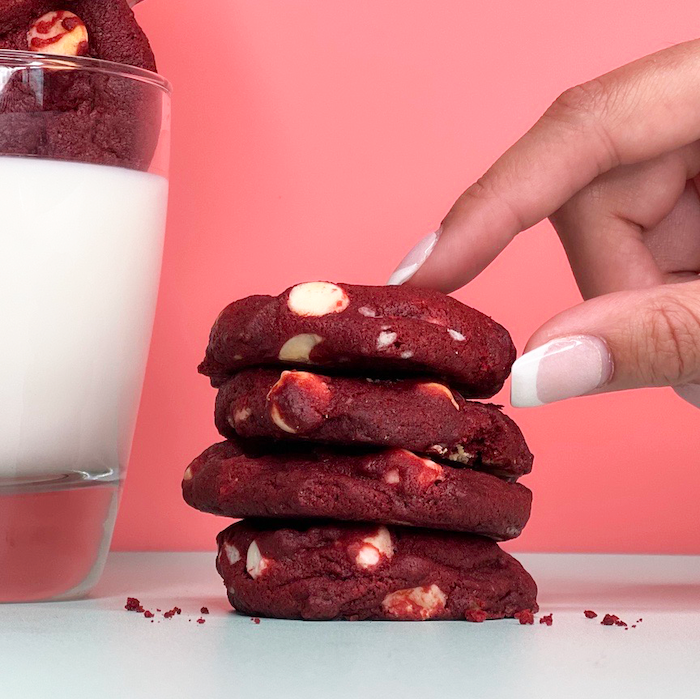 stack of four mini red velvet cookies not-bg