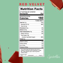 Load image into Gallery viewer, Red Velvet chocolate bar nutritional facts. not-bg
