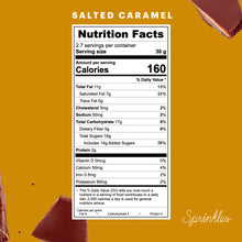 Load image into Gallery viewer, Salted caramel chocolate bar nutritional facts. not-bg
