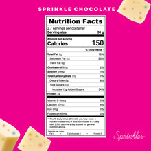 Load image into Gallery viewer, Sprinkle chocolate bar nutritional facts. not-bg
