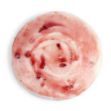Load image into Gallery viewer, top view of a white chocolate raspberry cupcake. not-bg
