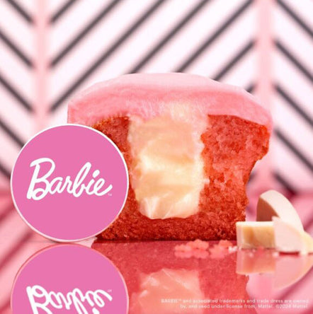 Barbie Pink Velvet inside shot. Pink frosting, Pink cake, and a white chocolate ganache core. not-bg
