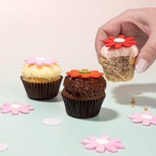 Load image into Gallery viewer, Three mini cupcakes with edible flower decoration on each. not-bg
