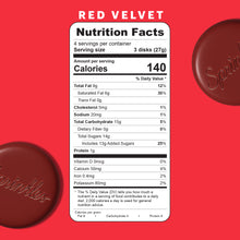 Load image into Gallery viewer, Red velvet mini chocolates nutritional facts. not-bg
