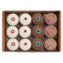 Load image into Gallery viewer, Assorted Dozen National Shipping Box includes a dozen best-sellers – Red Velvet, Vanilla, Dark Chocolate, and Sprinkle. 
