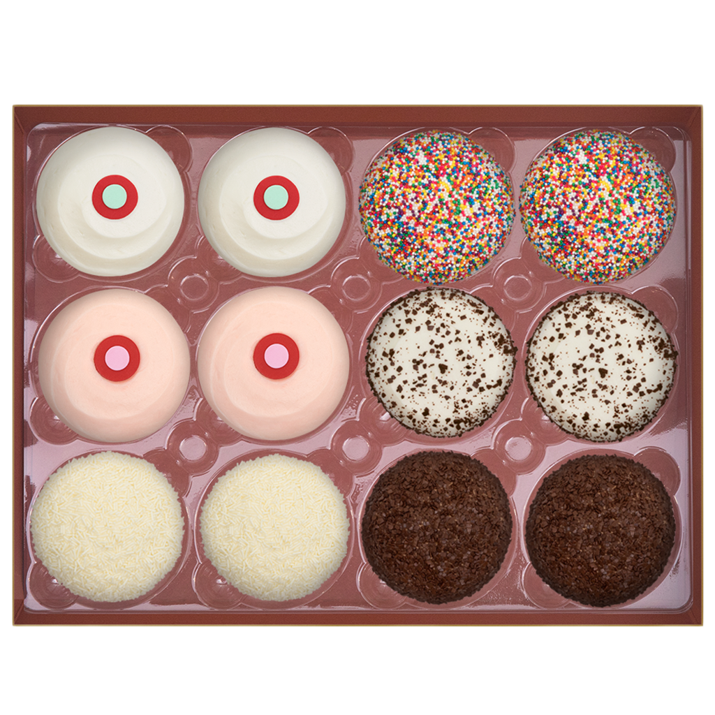 top view of assorted dozen standard box with 2 Red Velvet, 2 Strawberry, 2 Vanilla, 2 Sprinkles, 2 Black & White, and 2 Dark Chocolate cupcakes