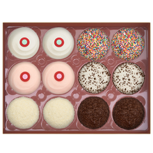 Load image into Gallery viewer, top view of assorted dozen standard box with 2 Red Velvet, 2 Strawberry, 2 Vanilla, 2 Sprinkles, 2 Black &amp; White, and 2 Dark Chocolate cupcakes
