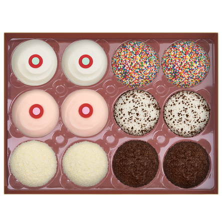 top view of assorted dozen standard box with 2 Red Velvet, 2 Strawberry, 2 Vanilla, 2 Sprinkles, 2 Black & White, and 2 Dark Chocolate cupcakes