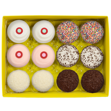 Load image into Gallery viewer, Assorted Dozen Yellow Box includes 2 Red Velvet, 2 Strawberry, 2 Vanilla, 2 Sprinkles, 2 Black &amp; White, and 2 Dark Chocolate cupcakes not-bg
