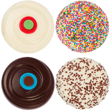 Load image into Gallery viewer, Assorted Chocolate Bars includes 1 Red Velvet, 1 Sprinkle, 1 Dark Chocolate, and 1 Black &amp; White. not-bg
