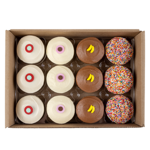 banana dark chocolate assorted dozen box of cupcakes featuring 3 red velvet, 3 vanilla, 3 banana dark chocolate and 3 sprinkle not-bg