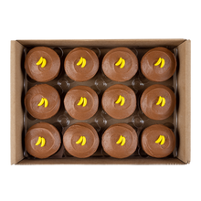 Load image into Gallery viewer, a dozen banana dark chocolate cupcakes with dark chocolate frosting and a banana decoration not-bg
