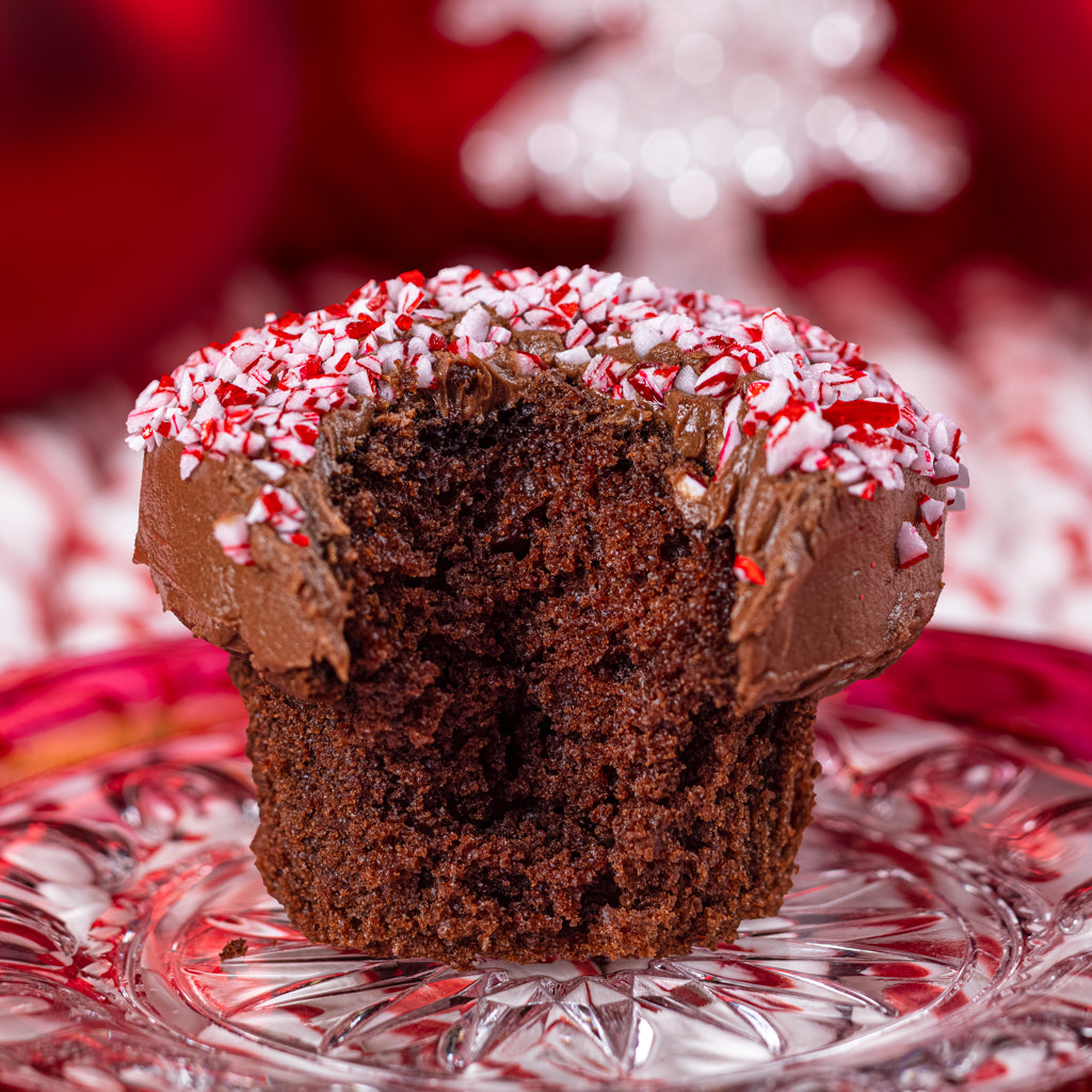 chocolate peppermint cupcake with bittersweet chocolate-peppermint frosting sprinkled with crushed peppermint candies not-bg