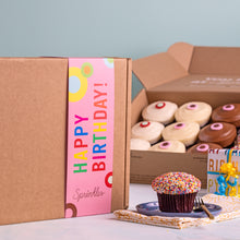 Load image into Gallery viewer, cupcake box with happy birthday gift wrap not-bg
