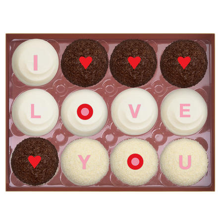 I LOVE YOU Dozen Standard Box includes 4 Red Velvet, 4 Dark Chocolate, and 4 Vanilla.