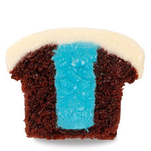 Load image into Gallery viewer, half of a gender reveal red velvet cupcake with blue vanilla buttercream filling not-bg
