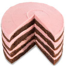 Load image into Gallery viewer, 6-inch four layer raspberry chocolate chip layer cake with a slide cut out not-bg
