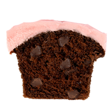 Load image into Gallery viewer, half of a raspberry chocolate chip cupcake with chocolate chip studded Belgian Dark Chocolate cake topped with luscious raspberry frosting not-bg
