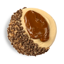 Load image into Gallery viewer, top of sticky toffee cupcakes with date infused buttercream frosting topped with crushed chocolate toffee crumble and caramel sauce not-bg

