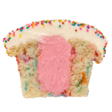 Load image into Gallery viewer, sprinkle gender reveal cupcake with pink vanilla buttercream frosting not-bg

