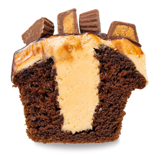 Load image into Gallery viewer, half of a Reese&#39;s®  Peanut Butter Cup cupcake topped and filled with peanut butter frosting, then topped with mounds of mini Reese&#39;s®  peanut butter cups not-bg
