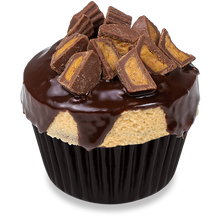 Load image into Gallery viewer, Reese&#39;s®  Peanut Butter Cup cupcake topped with peanut butter frosting, ladled with chocolate ganache and finished off with mounds of mini Reese&#39;s®  peanut butter cups not-bg
